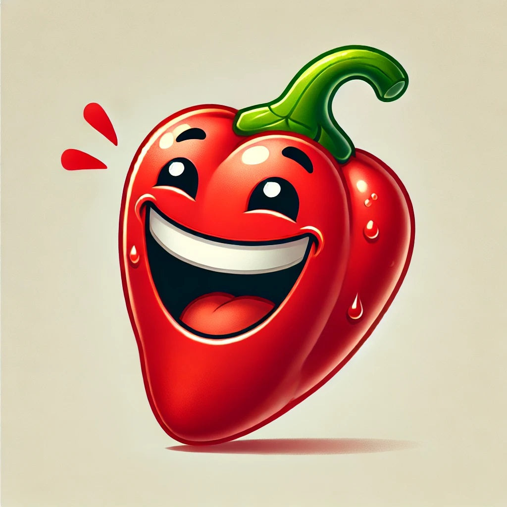 A bright red habanero chili with a joyful,