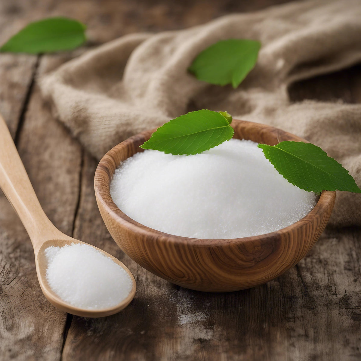 birch sugar xylitol in a wooden bowl with 1 spoon, beside are birch leaves